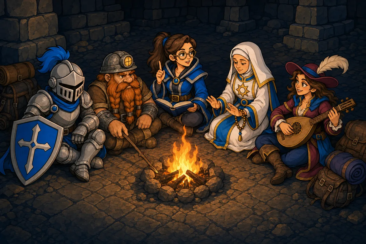 Adventurers gathered around a campfire in a dungeon, the daily ritual before a descent