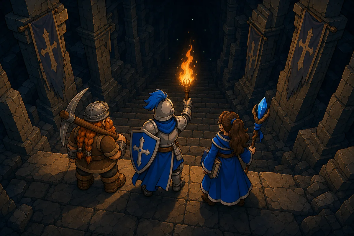 Three adventurers with a torch at the top of a dungeon stair, about to descend into the dark