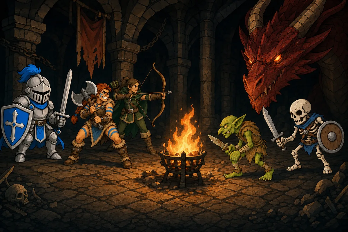 A knight and dungeon residents facing off across a battlefield, pieces instead of letters