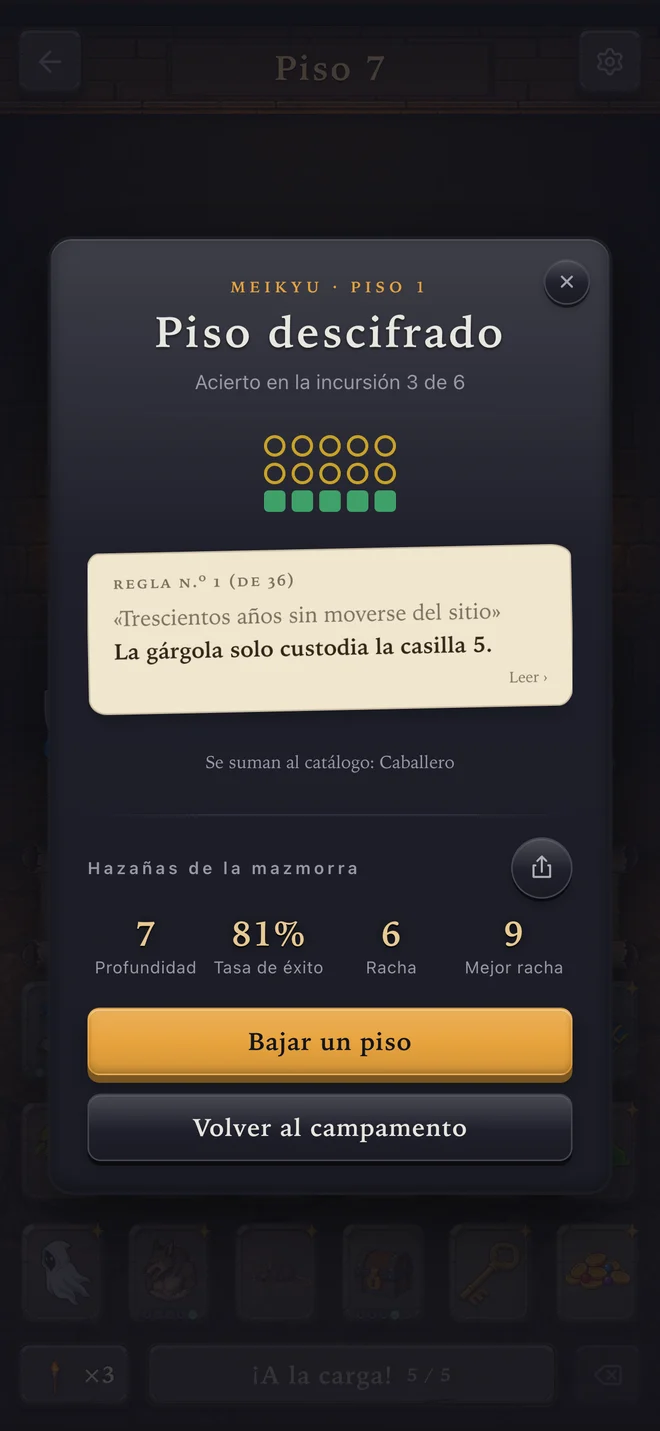 Meikyu en iPhone: el piso descifrado, los anillos de la incursión completos, una regla de los moradores recién revelada sobre pergamino y, debajo, las hazañas de la mazmorra: profundidad, tasa de acierto, racha y mejor racha