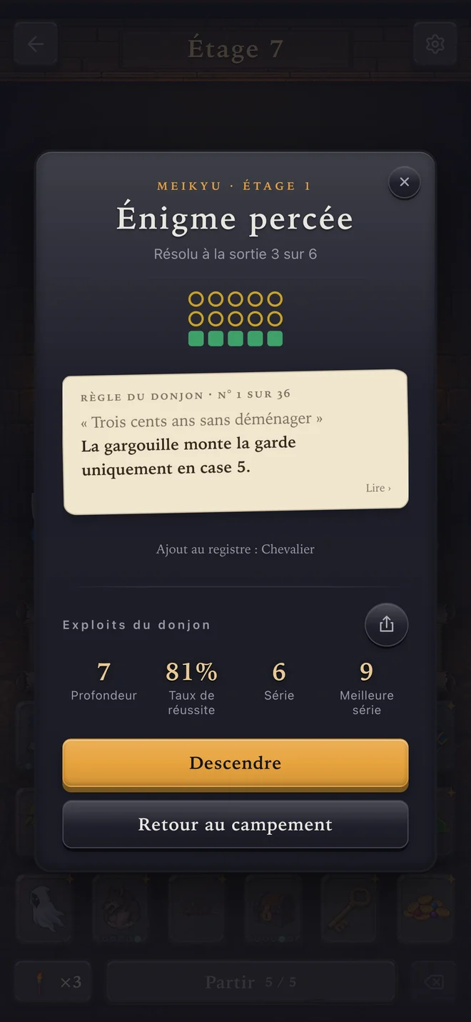 Meikyu sur iPhone : étage résolu, règle révélée et statistiques de progression