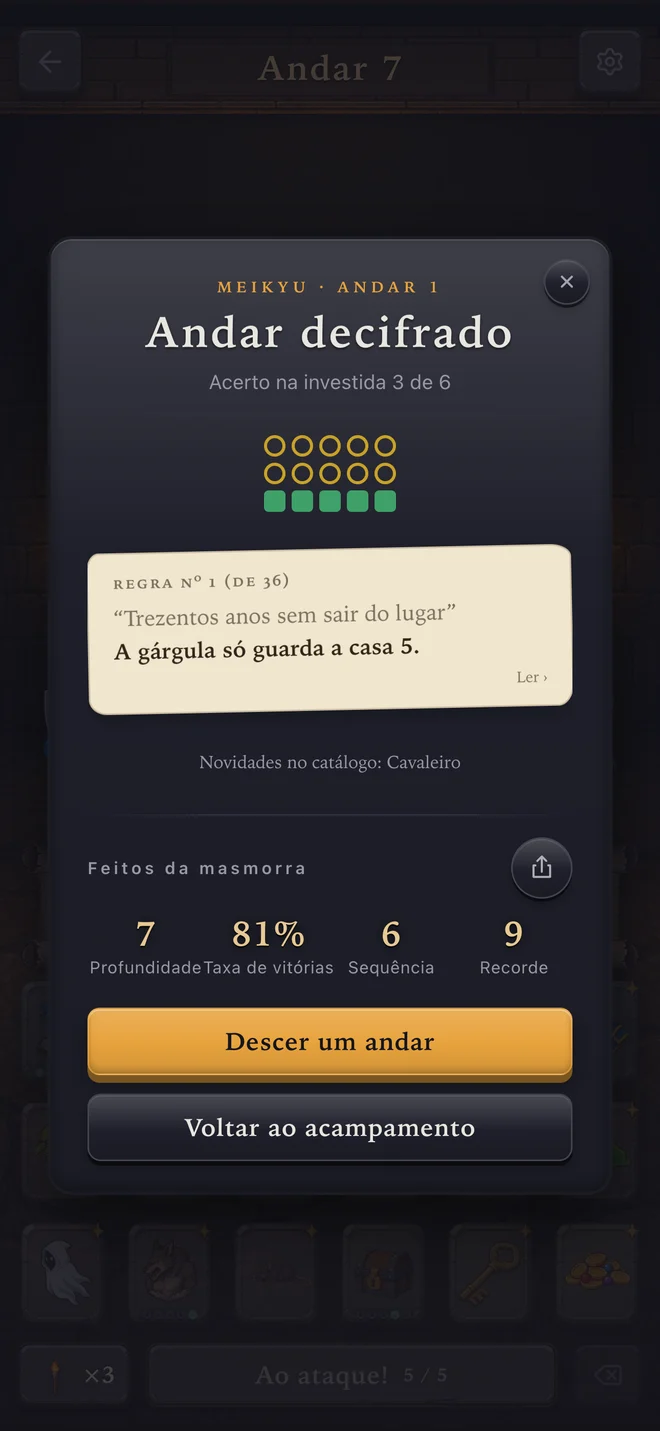 Meikyu no iPhone: o andar decifrado, os anéis da investida preenchidos, uma regra dos moradores recém-revelada no pergaminho e, abaixo, os feitos da masmorra: profundidade, taxa de acerto, sequência e melhor sequência