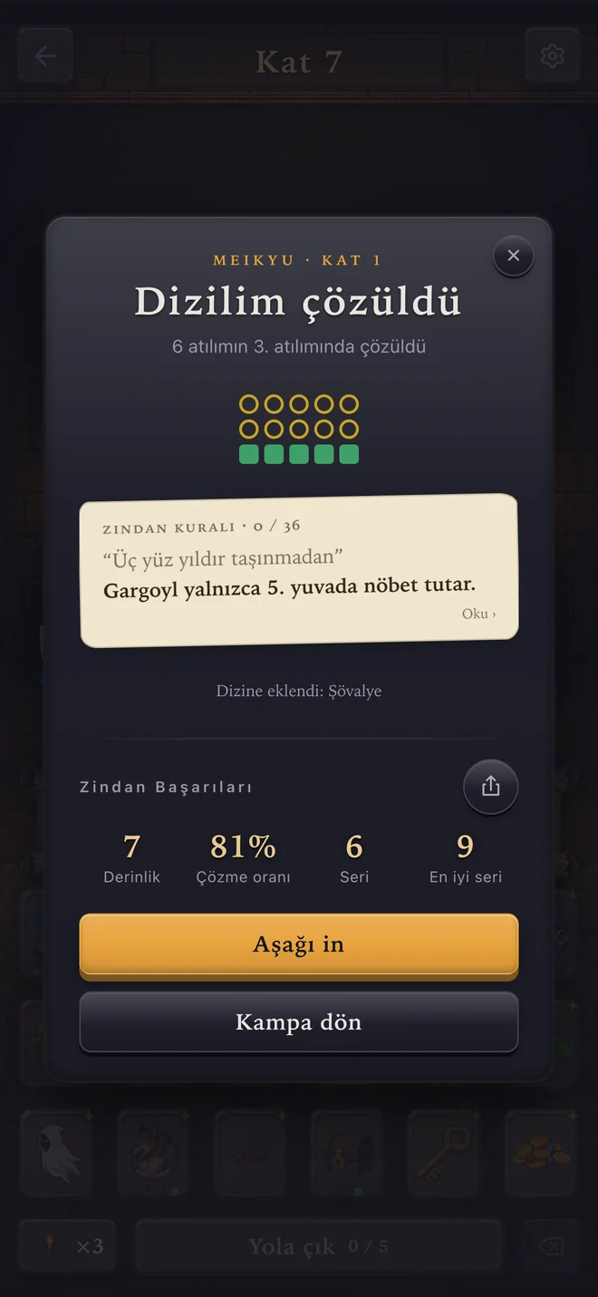 iPhone’da Meikyu: çözülen kat, yeni keşfedilen kural ve ilerleme istatistikleri