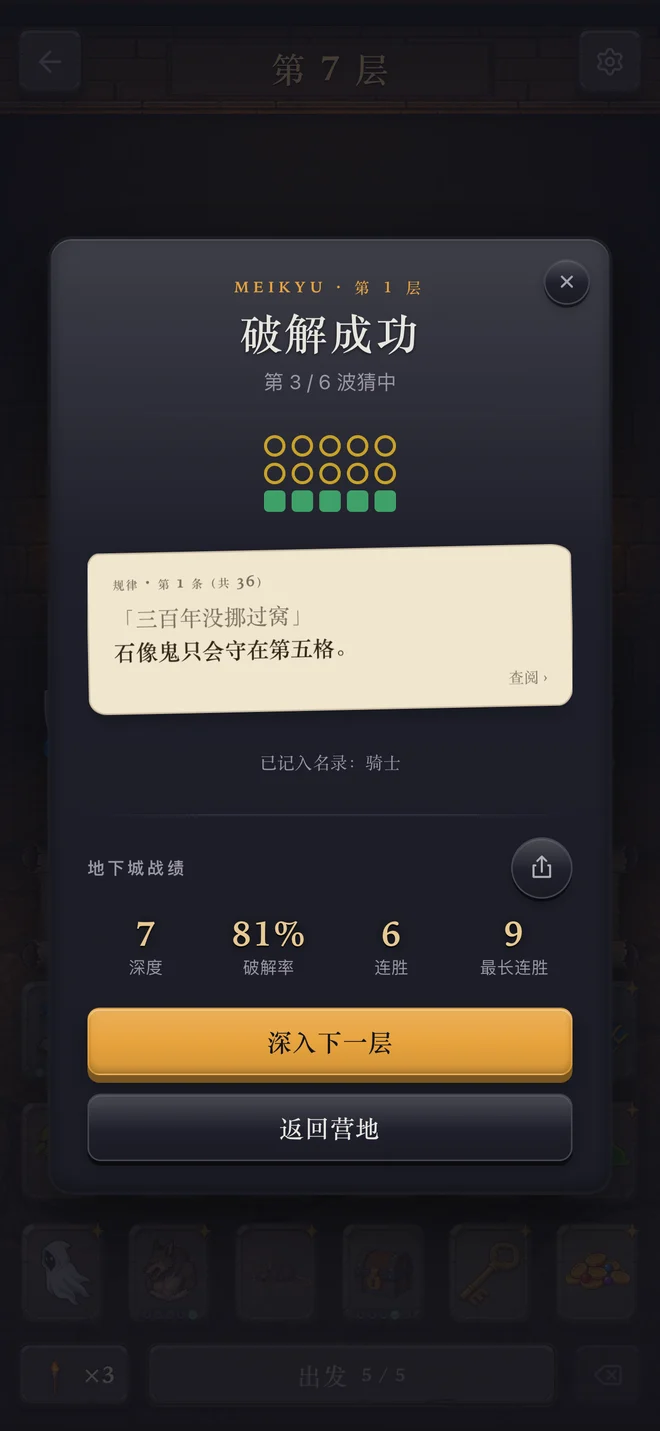 谜宫 iOS 原生版结算画面：破解成功的出击环、羊皮纸上刚揭示的一条住户规矩，下方是深度、破解率、连胜与最长连胜