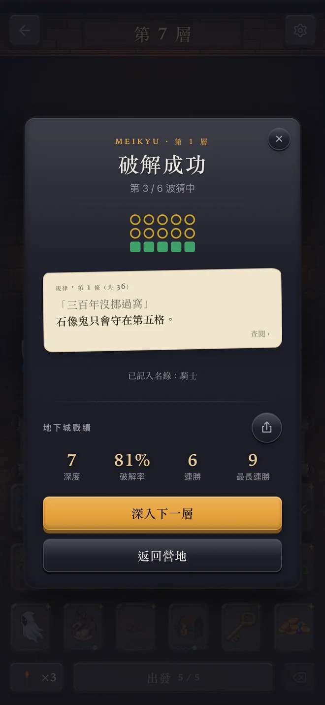 謎宮 iOS 原生版結算畫面：破解成功的出擊環、羊皮紙上剛揭示的一條住戶規矩，下方是深度、破解率、連勝與最長連勝