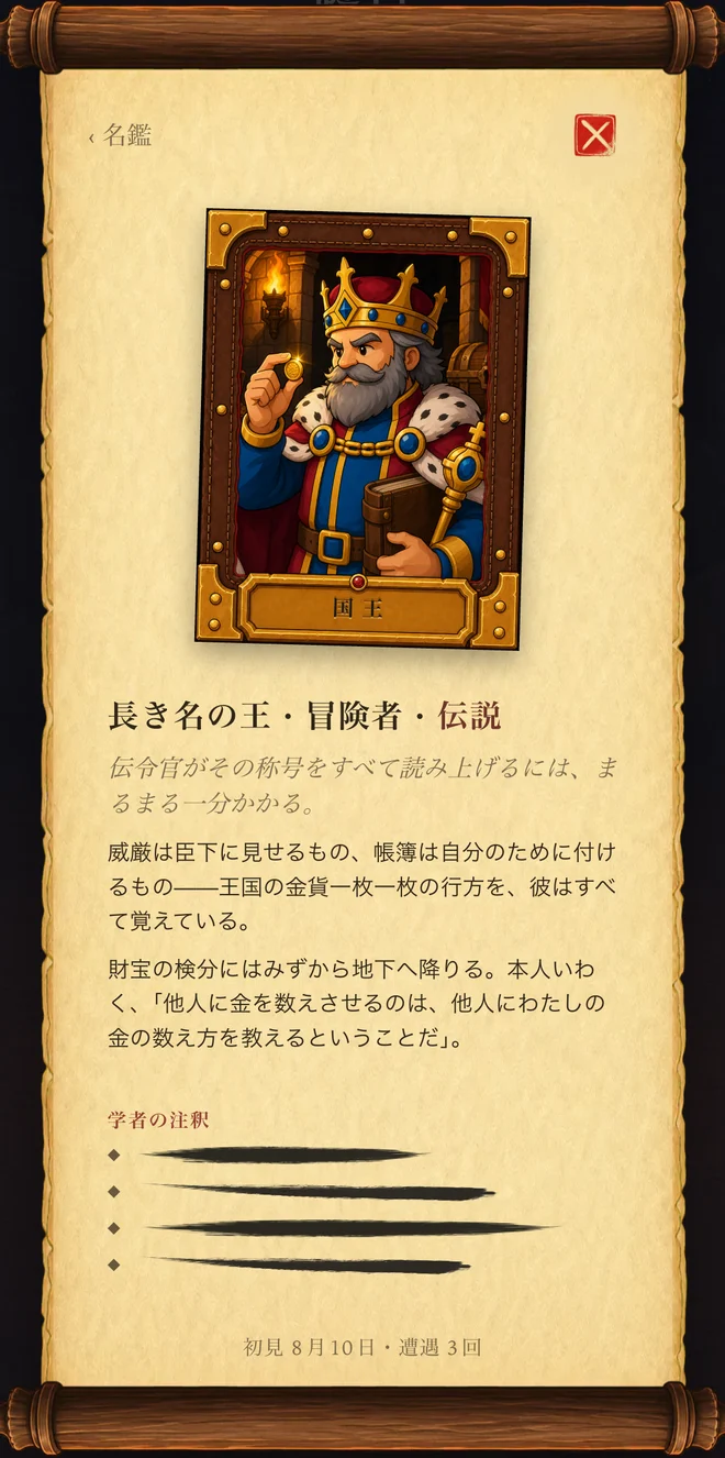 羊皮紙の迷宮誌：住人の立ち絵と素性書が上に、学者の注釈が下に。未発見の掟はまだ墨の染みのまま