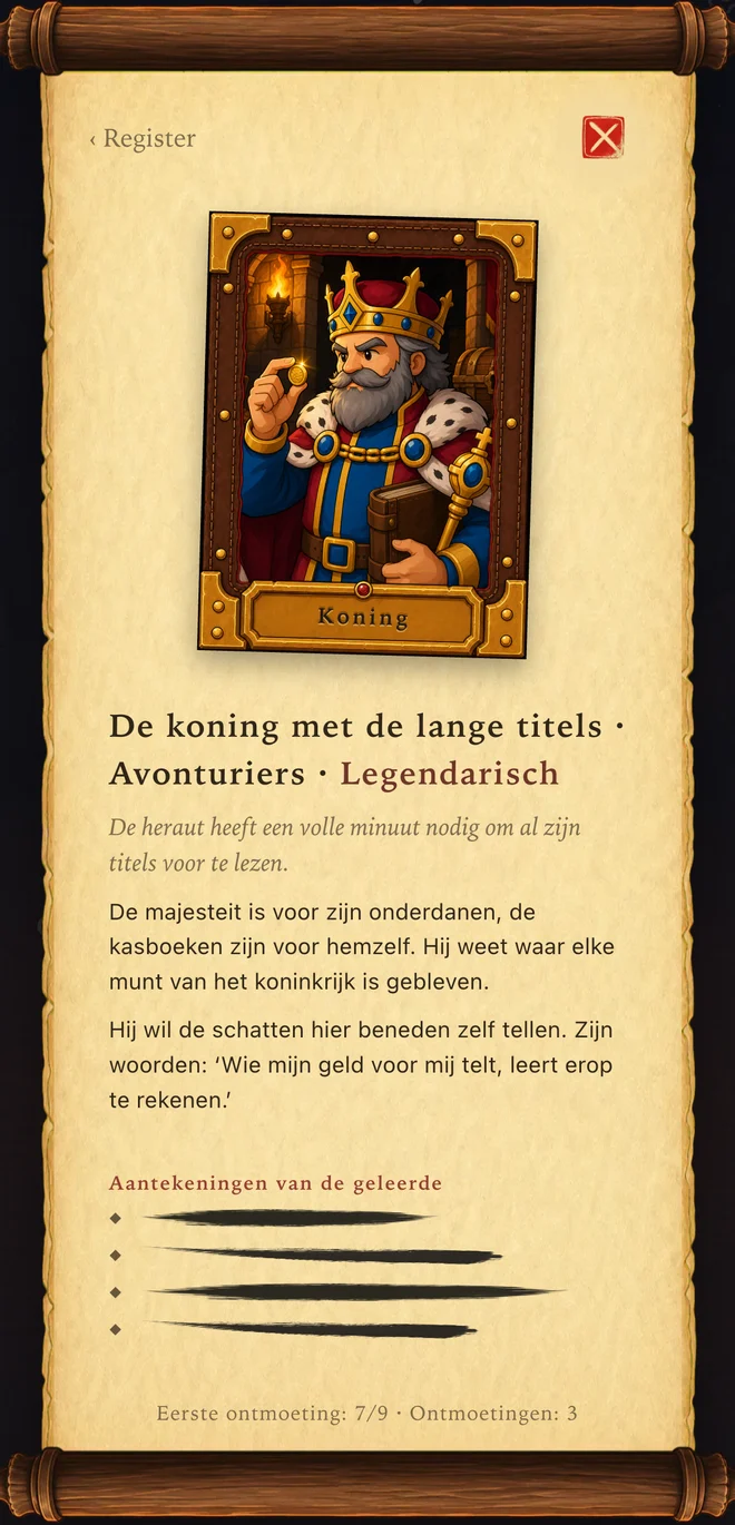 Een pagina van de Kerkerkroniek met portret, dossier en aantekeningen; onbekende regels zijn nog verborgen