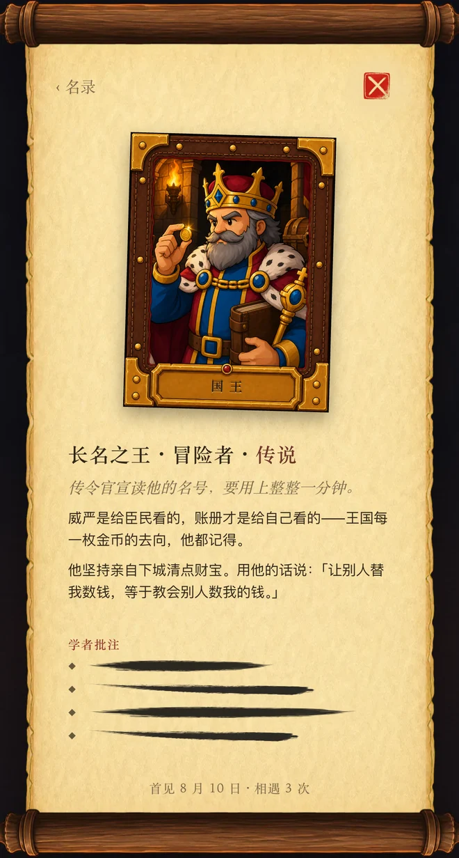 羊皮纸上的地下城志页面：住户立绘与档案在上，学者批注在下，未发现的规律仍是墨渍