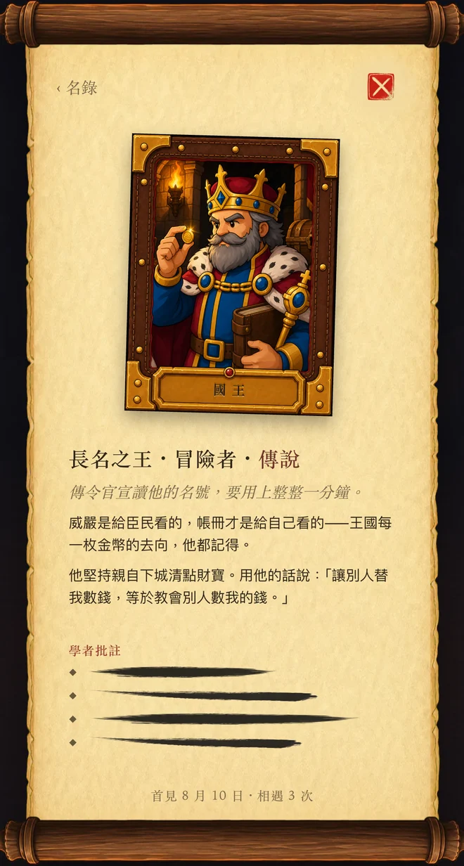 羊皮紙上的地下城誌頁面：住戶立繪與檔案在上，學者批註在下，未發現的規律仍是墨漬