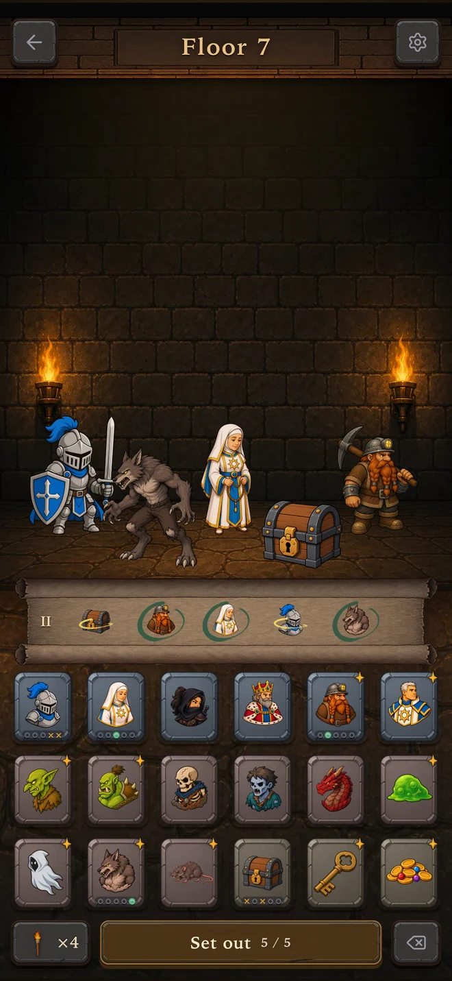 A Meikyu floor in play: five dungeon residents standing in their slots above a report scroll of green rings, gold rings and gray crosses